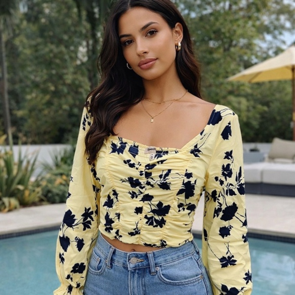 Open Edit Yellow Black Floral Smocked Ruched Crop Top Size Small Trendy